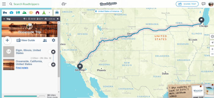 The beginning stages of planning a road trip with RoadTrippers