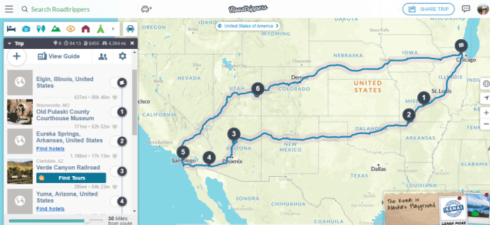 Add more places to stop on your road trip and you'll see the mileage and time change.