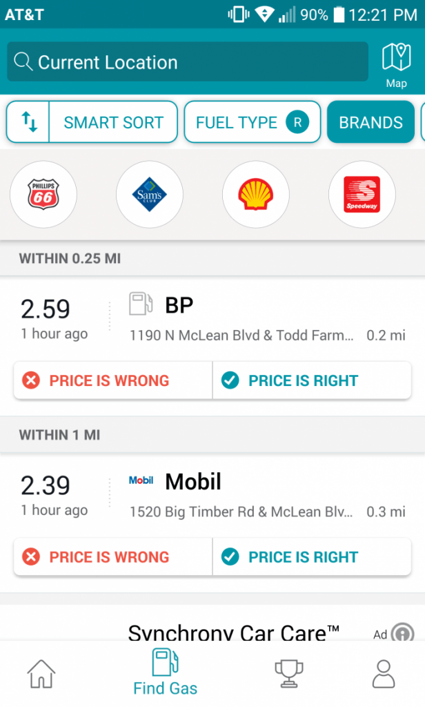 GasBuddy Brand Selection Screenshot