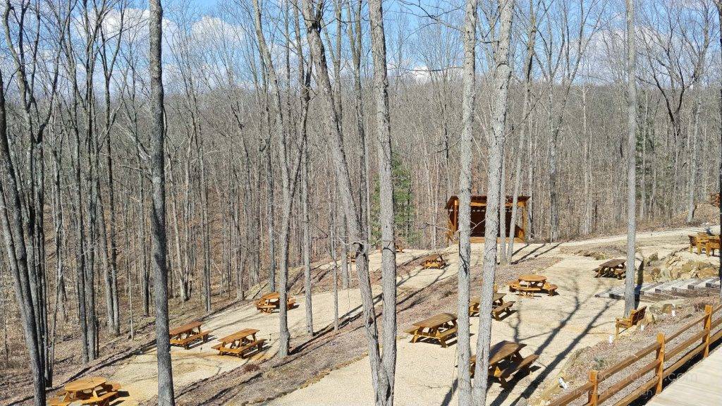 Picnic tables and stage at Hard Truth Hills in Brown County Indiana